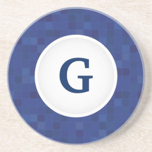 Blue mosaic pixel pattern personalized monogram  coaster