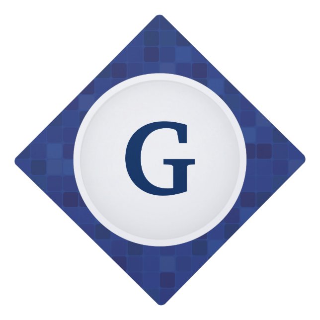 Blue mosaic pixel pattern personalized monogram graduation cap topper (Front)