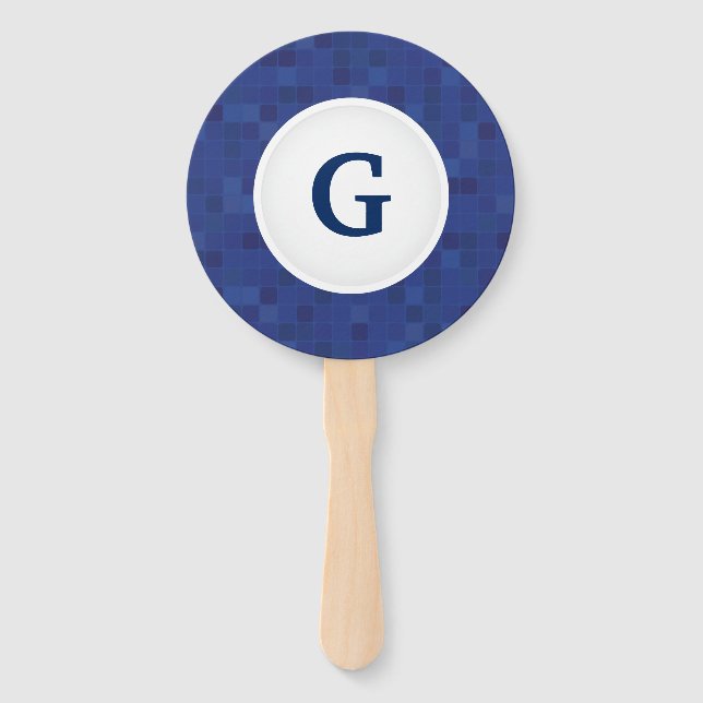 Blue mosaic pixel pattern personalized monogram  hand fan (Front)