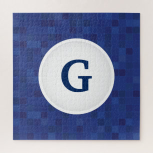 Blue mosaic pixel pattern personalized monogram jigsaw puzzle