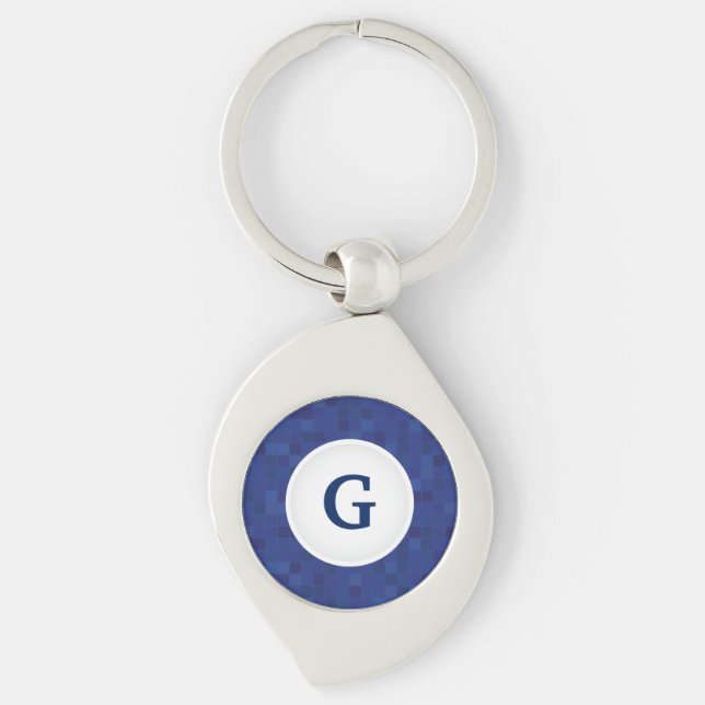 Blue mosaic pixel pattern personalized monogram  keychain (Front)