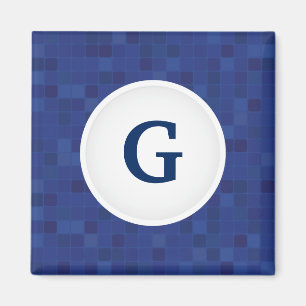Blue mosaic pixel pattern personalized monogram  magnet