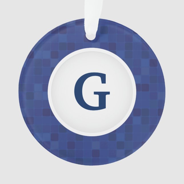 Blue mosaic pixel pattern personalized monogram  ornament (Front)