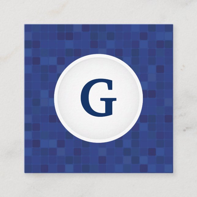 Blue mosaic pixel pattern personalized monogram square business card (Front)