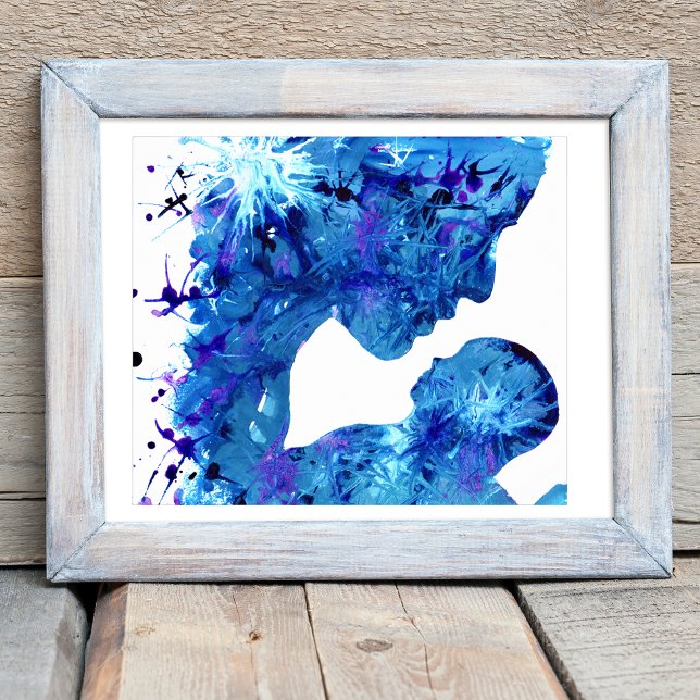Blue Mother & Child Watercolor Abstract Art Poster (Mother and child modern abstract blue watercolor art poster by artist Catherine Sweetman )