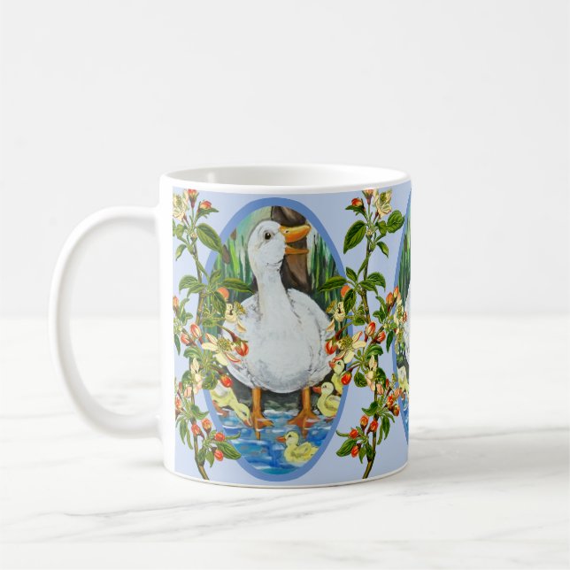 Blue Mother Duck & Ducklings Spring Apple Blossoms Coffee Mug (Left)