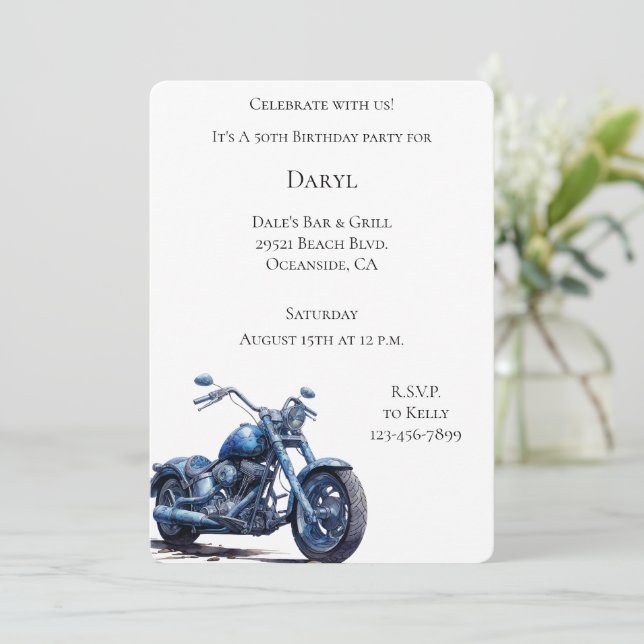 Blue Motorcycle Birthday   Invitation (Standing Front)