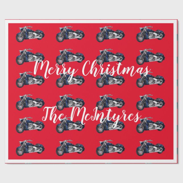 Blue Motorcycles on Red Christmas Wrapping Paper (Flat)