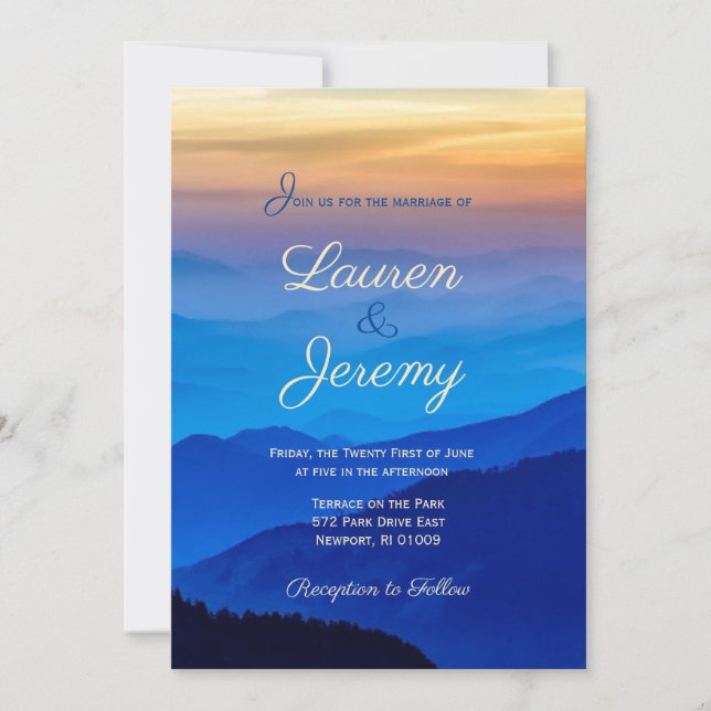 Blue mountain & Breathtaking Sunset Wedding Invitation (Front)
