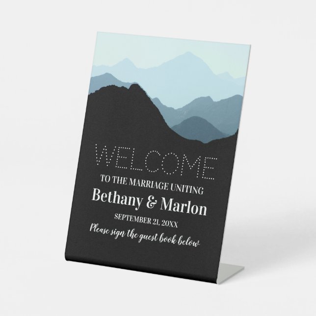 Blue Mountain Range, Rustic Wedding Pedestal Sign (Front)