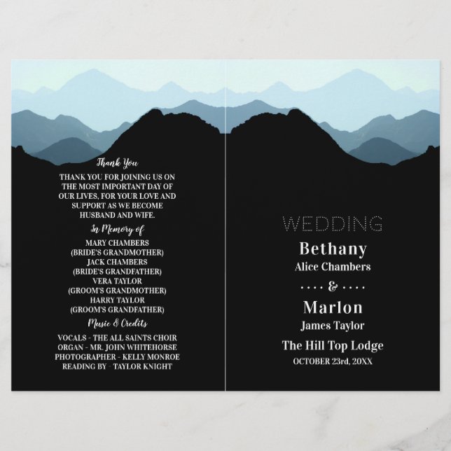 Blue Mountain Range, Rustic Wedding Programme (Front)