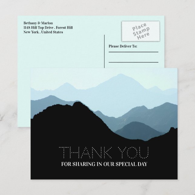 Blue Mountain Range, Rustic Wedding Thank You Postcard (Front/Back)