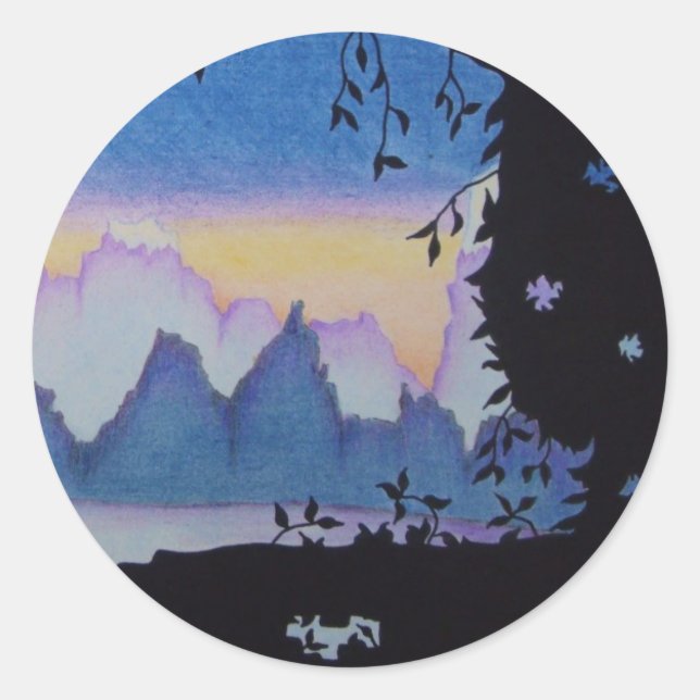 Blue mountain sunset abstract landscape painting classic round sticker (Front)