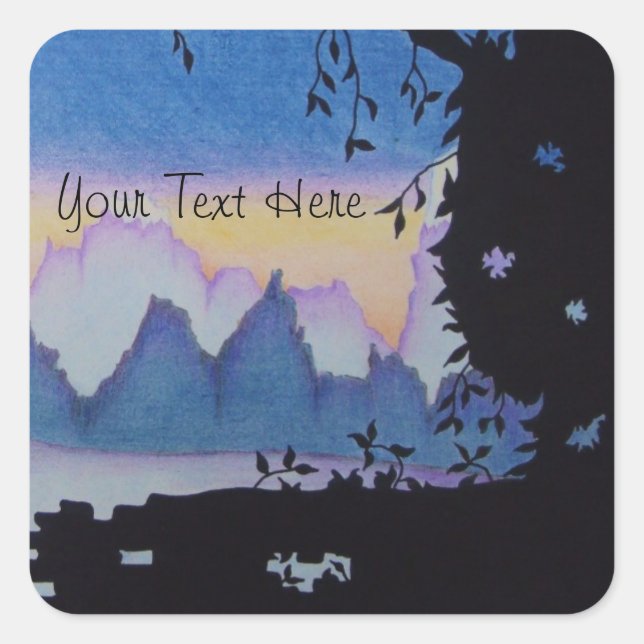 Blue mountain sunset abstract landscape square sticker (Front)