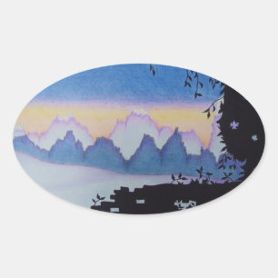 Blue mountain sunset landscape illustration oval sticker