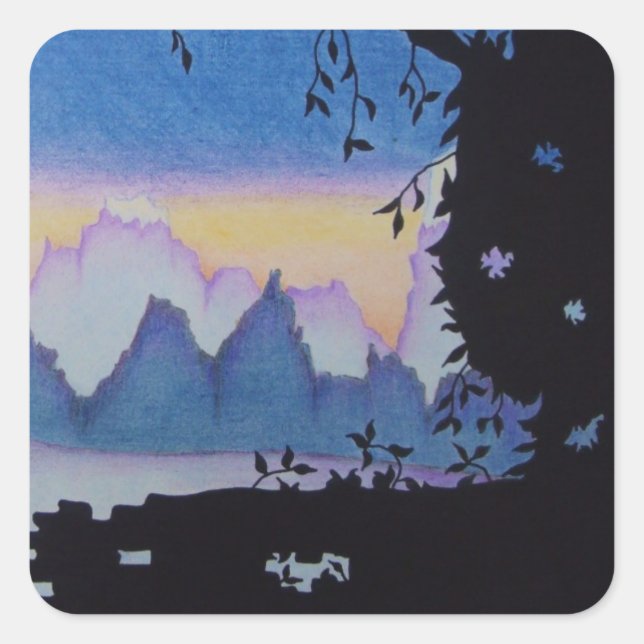 Blue mountain sunset landscape illustration square sticker (Front)