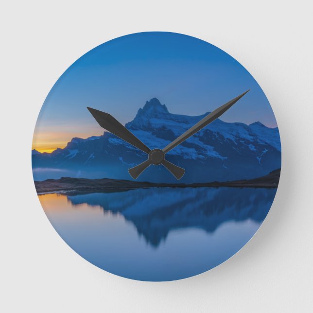 Blue Mountain Sunset Water Reflection Round Clock (Front)