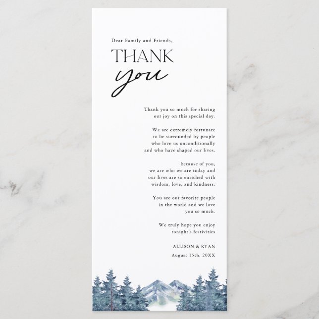 Blue Mountain Tree Rustique Mariage Merci Cartes (Devant)