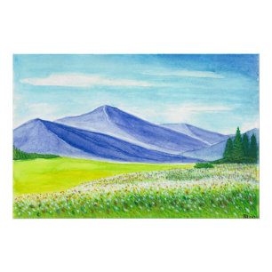 Blue Mountain Valley Wild Flowers Watercolor Poster