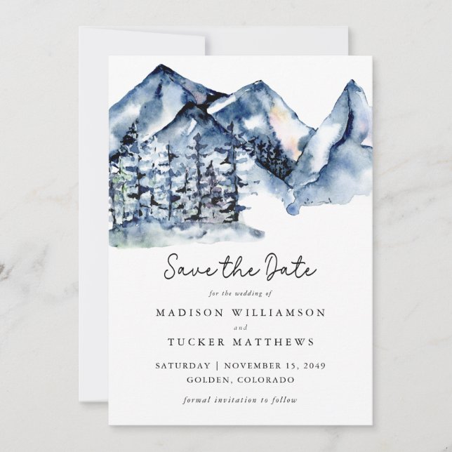 Blue Mountain Watercolor Photo Save the Date  (Front)