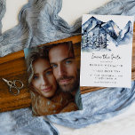 Blue Mountain Watercolor Photo Save the Date<br><div class="desc">Rustic Blue Mountain Watercolor Photo Save the Date Set the tone for your special day with our enchanting Save the Date card. The front showcases a breathtaking watercolor mountain landscape, adorned with serene pine trees, evoking the tranquillity of nature. On the reverse side, personalize your announcement with your cherished photo,...</div>