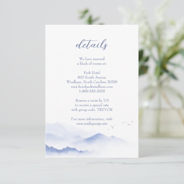 Blue mountains and birds wedding enclosure card  (Standing Front)