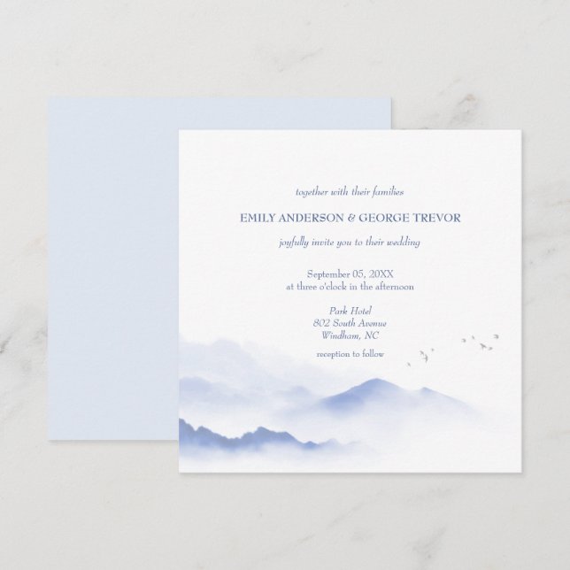 Blue mountains and birds wedding invitation  (Front/Back)