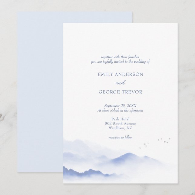 Blue mountains and birds wedding invitation  (Front/Back)