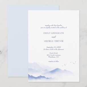 Blue mountains and birds wedding invitation