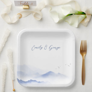 Blue mountains and birds wedding  paper plate