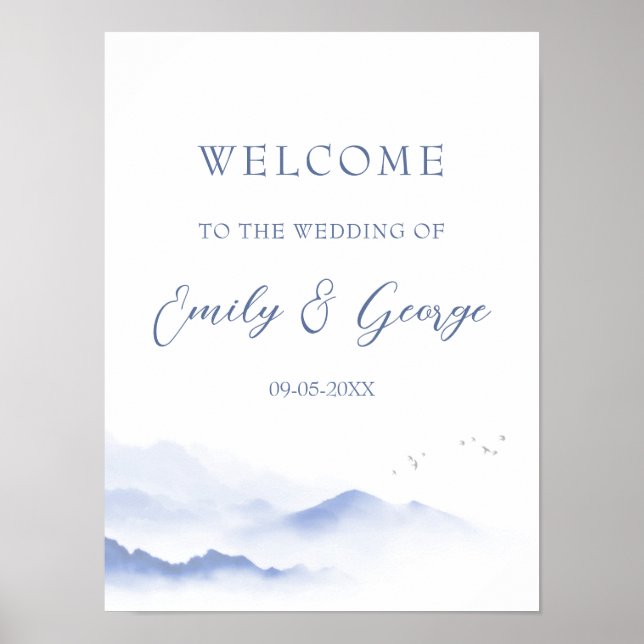Blue mountains and birds wedding welcome poster  (Front)