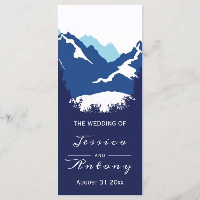 Blue mountains and conifer trees wedding program (Front)