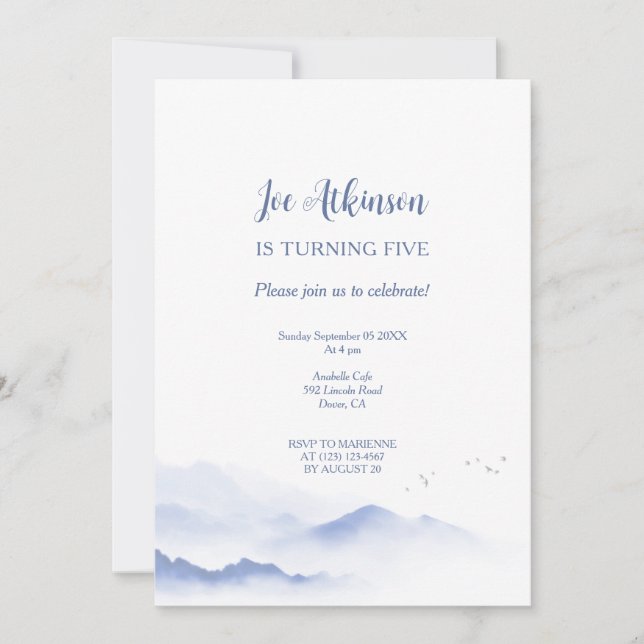 Blue mountains gender neutral birthday invitation  (Front)