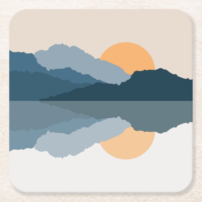 Blue mountains reflected in the lake square paper coaster (Front)