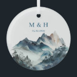 Blue Mountains Rustic Wedding Glass Ornament<br><div class="desc">Blue Mountains rustic collection. Full suite available here https://www.zazzle.com/collections/blue_watercolor_mountains-119930444621335812</div>