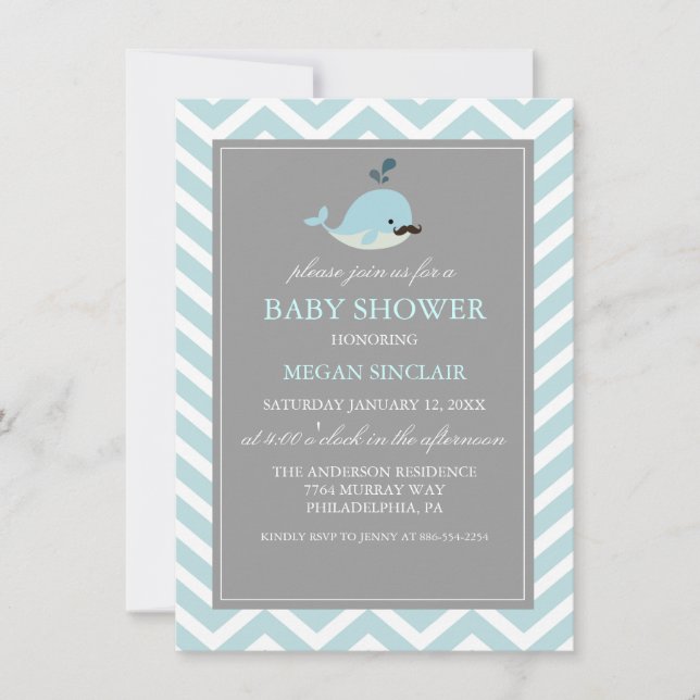 Blue Moustache Whale Boy Baby Shower Invitation (Front)