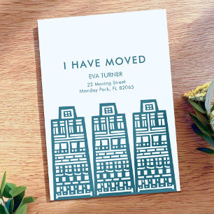 Blue moving announcement with retro buildings