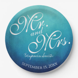 Blue Mr and Mrs Personalized Wedding Reception Paper Plate