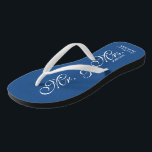Blue Mr and Mrs wedding flip flops for newly weds<br><div class="desc">Navy Blue Mr and mrs beach wedding flip flops for bride and groom / Just Married couple. Add your date of marriage. Personalized name elegant flipflops for newlyweds and their entourage. Make your own personalized wedge sandals for team bride, brides maid, maid of honour, flower girl, mother of the bride,...</div>