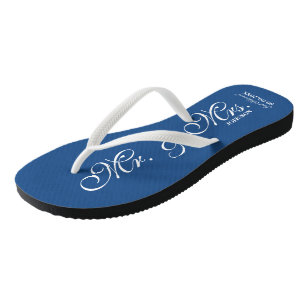 Blue Mr and Mrs wedding flip flops for newly weds