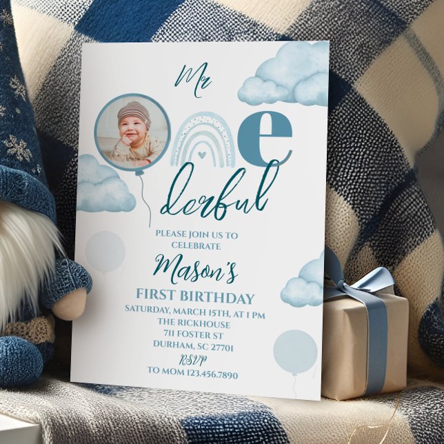 Blue Mr ONE-derful Photo Birthday Invitation (Creator Uploaded)