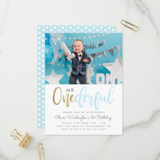 Blue Mr Onederful Script Photo 1st Birthday Invitation Postcard