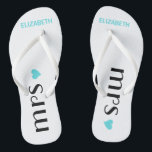 Blue Mrs. Flip Flops | Personalized Brides Wedding<br><div class="desc">A cute addition to your destination beach or poolside wedding! Dance the night away in these comfortable bridle flip flops. White flip flops with the word "Mrs.", a aqua blue heart and the brides name personalized. To see matching groom's flip flops- Please visit my store "The Hungarican Princess" at www.zazzle.com/hungaricanprincess*....</div>