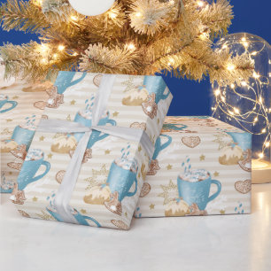 Blue Mug & Gingerbread Cookie Pattern Wrapping Paper