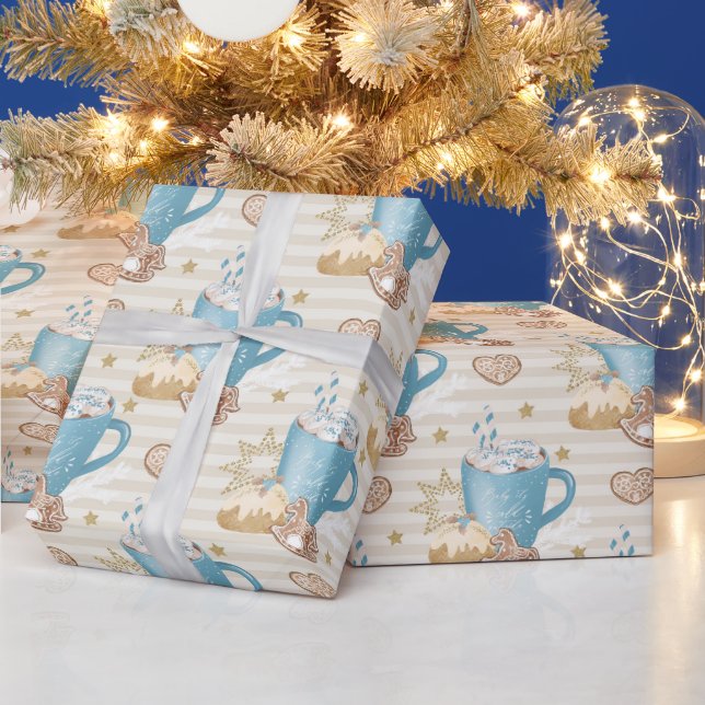 Blue Mug & Gingerbread Cookie Pattern Wrapping Paper (Holidays)