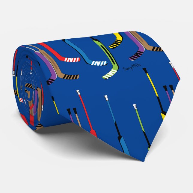 Blue Multi Colour Hockey Goalie Sticks Tie (Rolled)