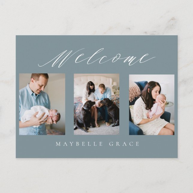 blue multi-photo birth announcement postcard (Front)