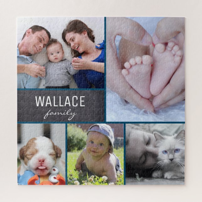 Blue Multi Picture Collage photos with family name Jigsaw Puzzle (Vertical)