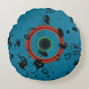 Blue Multicolor Vinyl Disc Texture Pattern Round Pillow