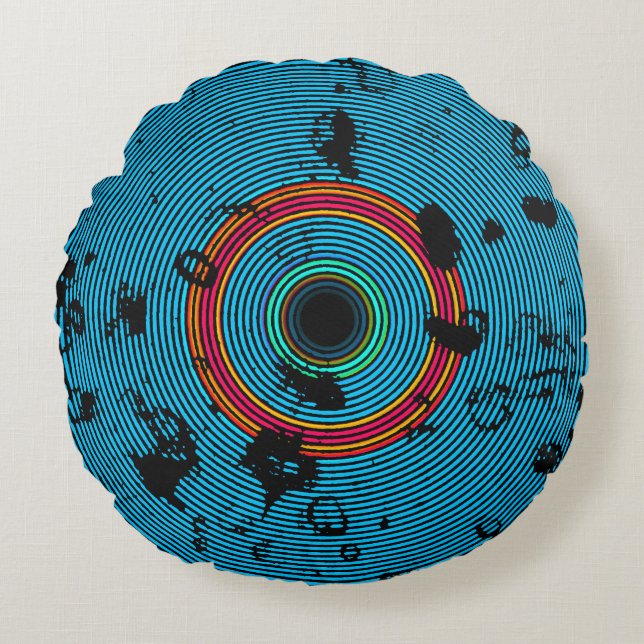 Blue Multicolor Vinyl Disc Texture Pattern Round Pillow (Front)
